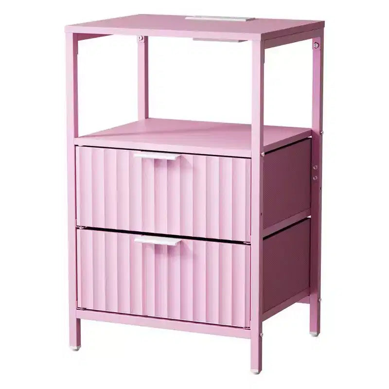 Comodino Rosa con Cassetti, Ripiano e Presa di Corrente – Set da 2
