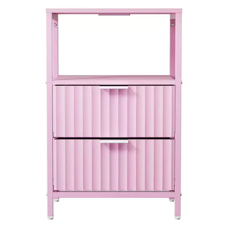 Comodino Rosa con Cassetti, Ripiano e Presa di Corrente – Set da 2