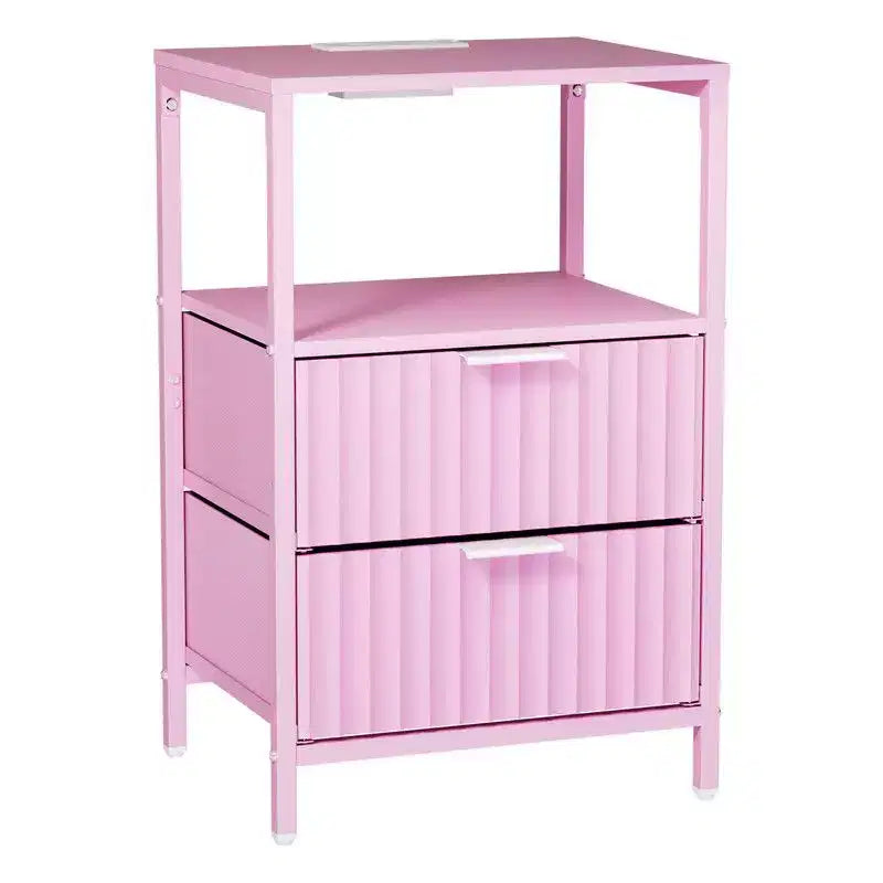 Comodino Rosa con Cassetti, Ripiano e Presa di Corrente – Set da 2