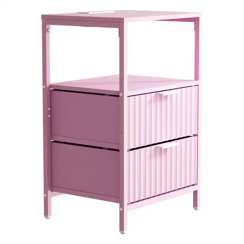 Comodino Rosa con Cassetti, Ripiano e Presa di Corrente – Set da 2