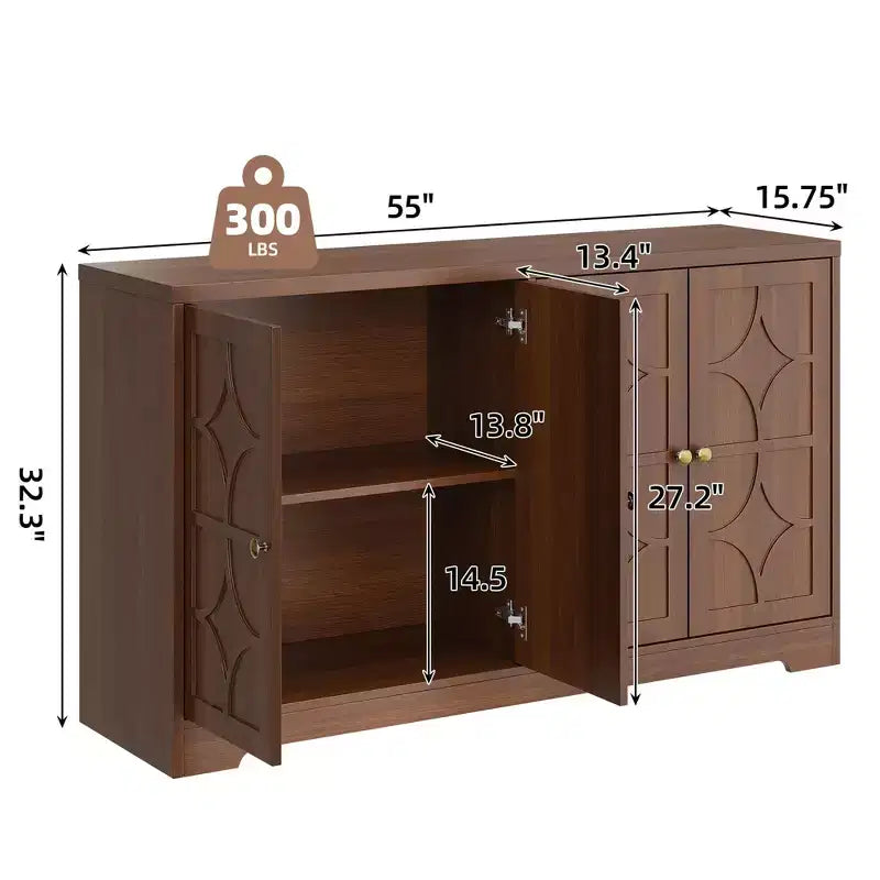 Mobile buffet in legno a 4 ante da 55" con ripiani regolabili, nero/marrone