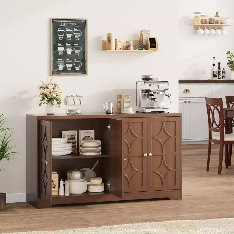 Mobile buffet in legno a 4 ante da 55" con ripiani regolabili, nero/marrone