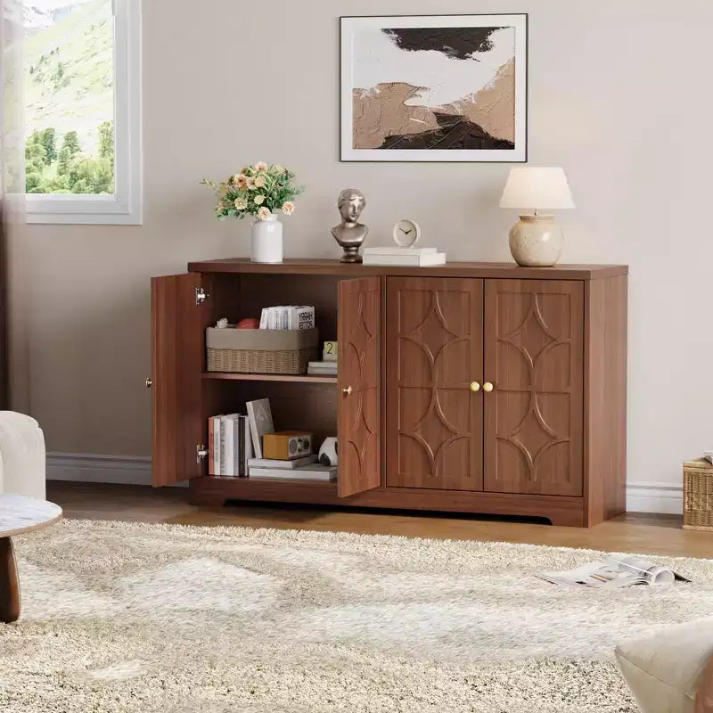 Mobile buffet in legno a 4 ante da 55" con ripiani regolabili, nero/marrone