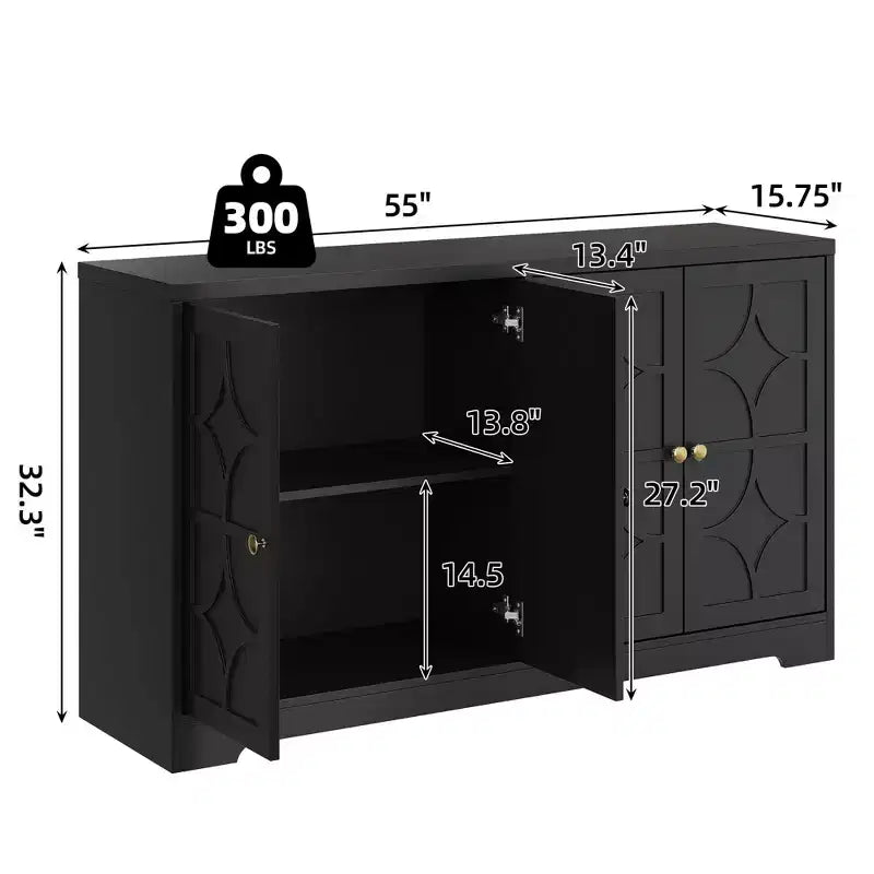Mobile buffet in legno a 4 ante da 55" con ripiani regolabili, nero/marrone