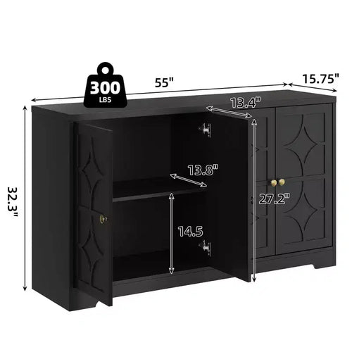 Mobile buffet in legno a 4 ante da 55" con ripiani regolabili, nero/marrone