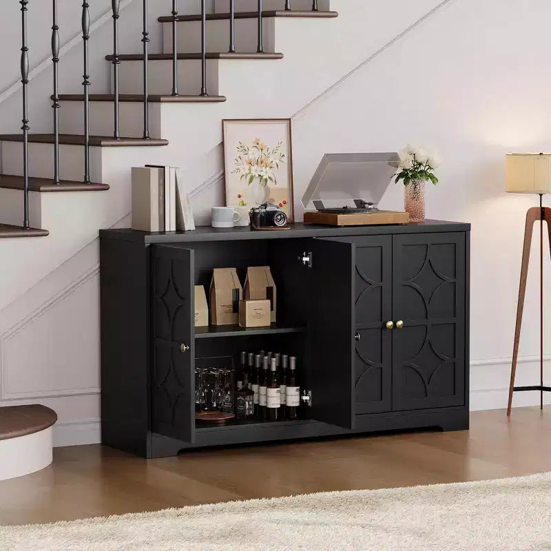 Mobile buffet in legno a 4 ante da 55" con ripiani regolabili, nero/marrone