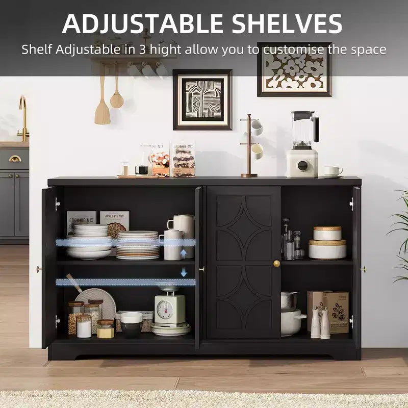Mobile buffet in legno a 4 ante da 55" con ripiani regolabili, nero/marrone