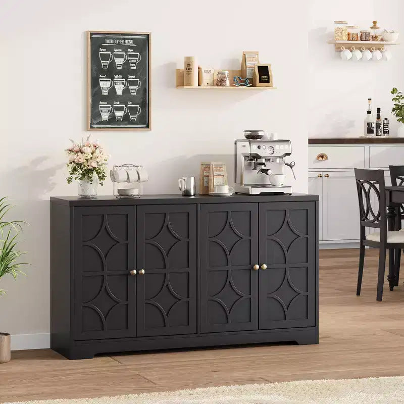 Mobile buffet in legno a 4 ante da 55" con ripiani regolabili, nero/marrone