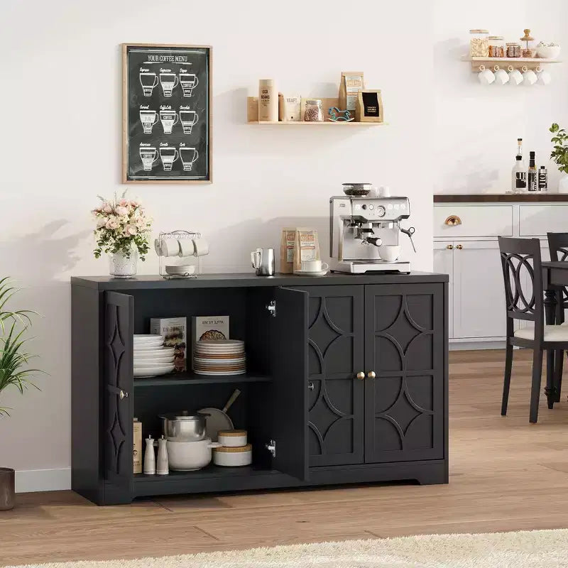Mobile buffet in legno a 4 ante da 55" con ripiani regolabili, nero/marrone