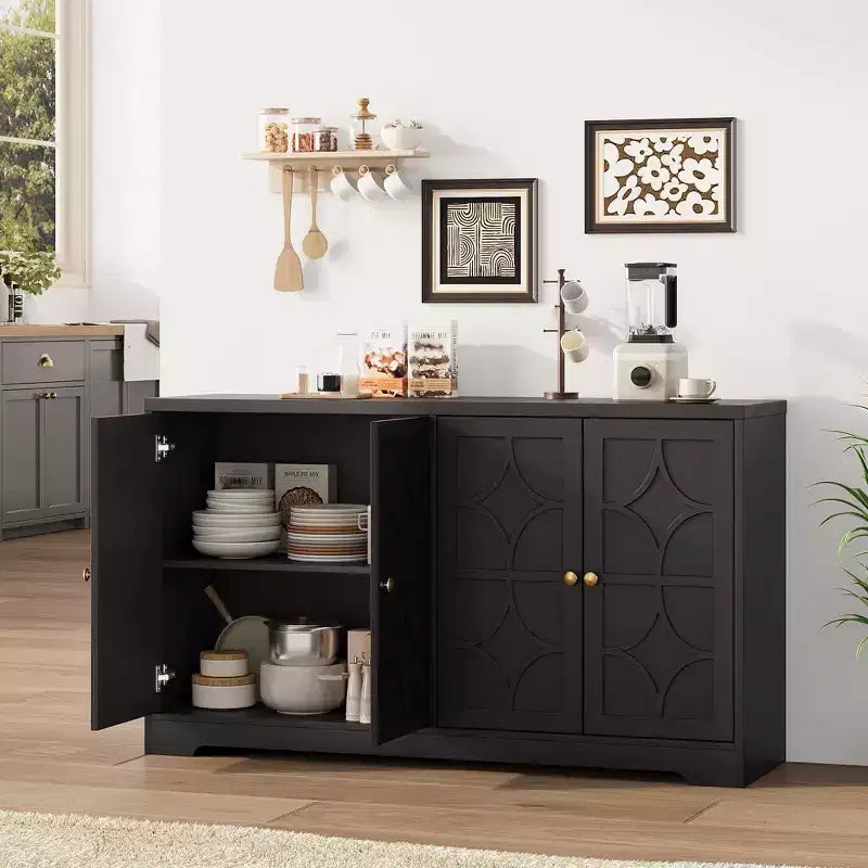 Mobile buffet in legno a 4 ante da 55" con ripiani regolabili, nero/marrone
