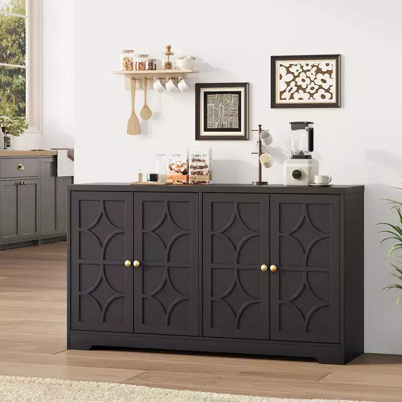 Mobile buffet in legno a 4 ante da 55" con ripiani regolabili, nero/marrone