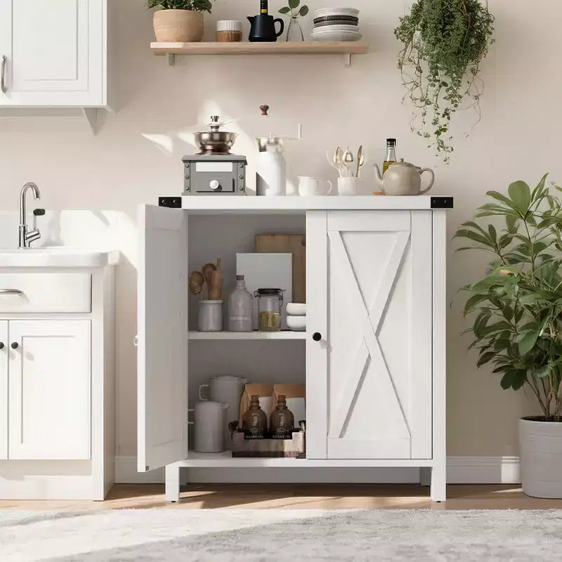 Mobile Credenza a Buffet in Stile Fattoria con 2 Ante Scorrevole a Granaio, Grigio/Rovere/Bianco, Posti a Sedere/Ripostiglio per 1 Stanza