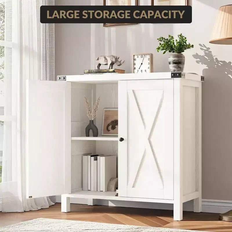 Mobile Credenza a Buffet in Stile Fattoria con 2 Ante Scorrevole a Granaio, Grigio/Rovere/Bianco, Posti a Sedere/Ripostiglio per 1 Stanza