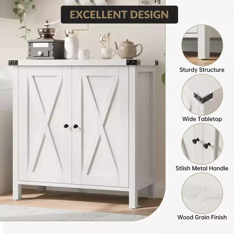 Mobile Credenza a Buffet in Stile Fattoria con 2 Ante Scorrevole a Granaio, Grigio/Rovere/Bianco, Posti a Sedere/Ripostiglio per 1 Stanza