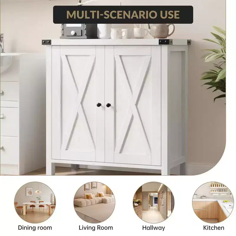 Mobile Credenza a Buffet in Stile Fattoria con 2 Ante Scorrevole a Granaio, Grigio/Rovere/Bianco, Posti a Sedere/Ripostiglio per 1 Stanza