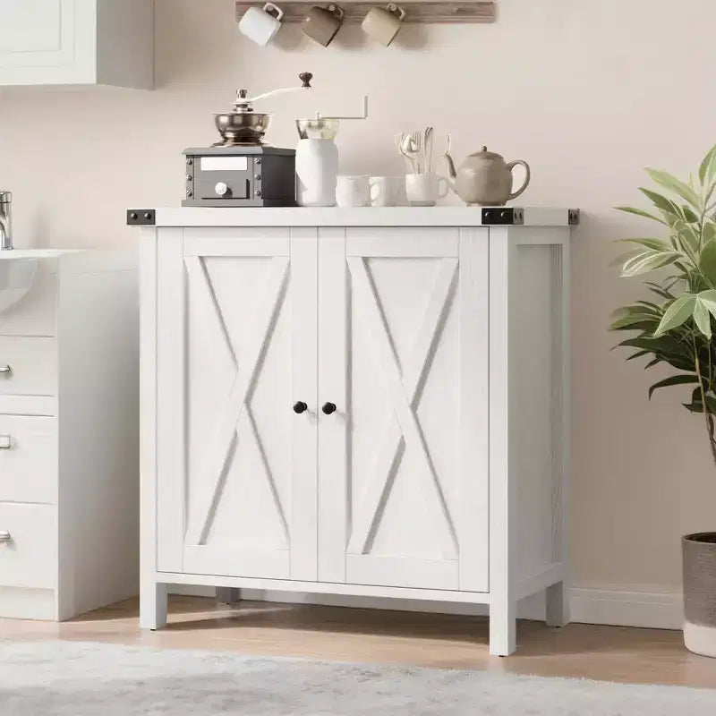 Mobile Credenza a Buffet in Stile Fattoria con 2 Ante Scorrevole a Granaio, Grigio/Rovere/Bianco, Posti a Sedere/Ripostiglio per 1 Stanza