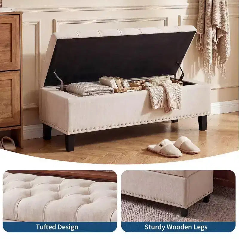 Panca Pouf Contenitore con Coperchio, Beige/Grigio, Posti a sedere 1–2