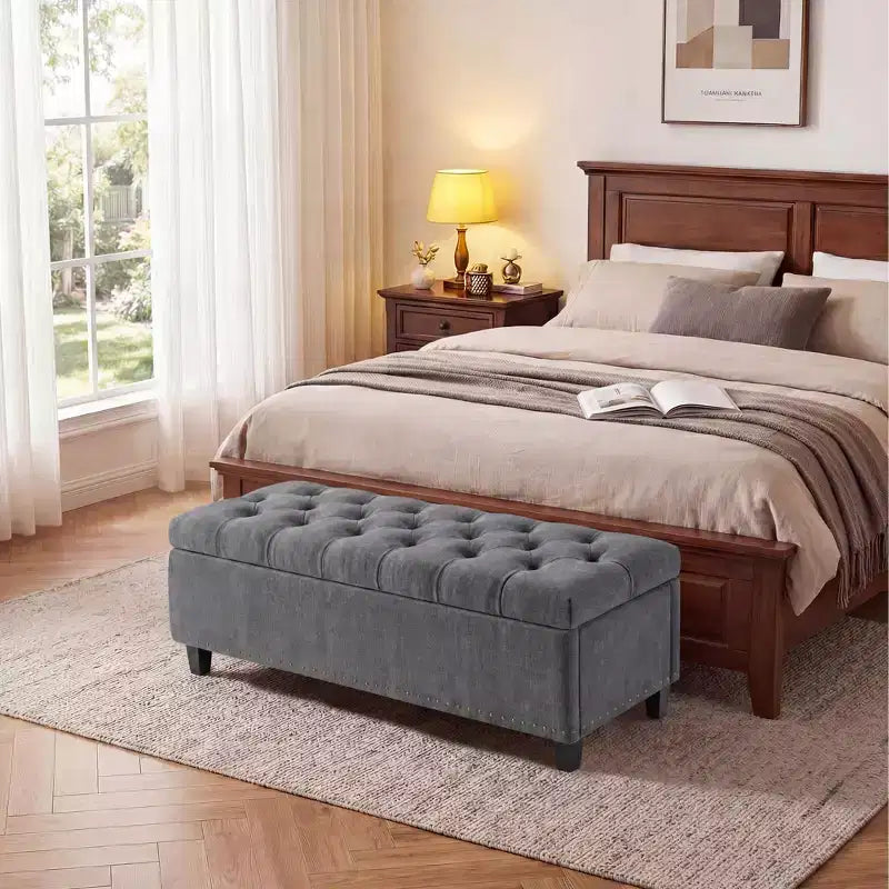 Panca Pouf Contenitore con Coperchio, Beige/Grigio, Posti a sedere 1–2
