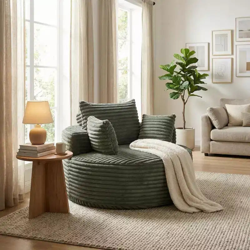 FurnitureR Round Lounge Chair, Corduroy Upholstered Accent Chair with Deep Seat, Modern Comfy Single Sofa for Living Room Bedroom Apartment