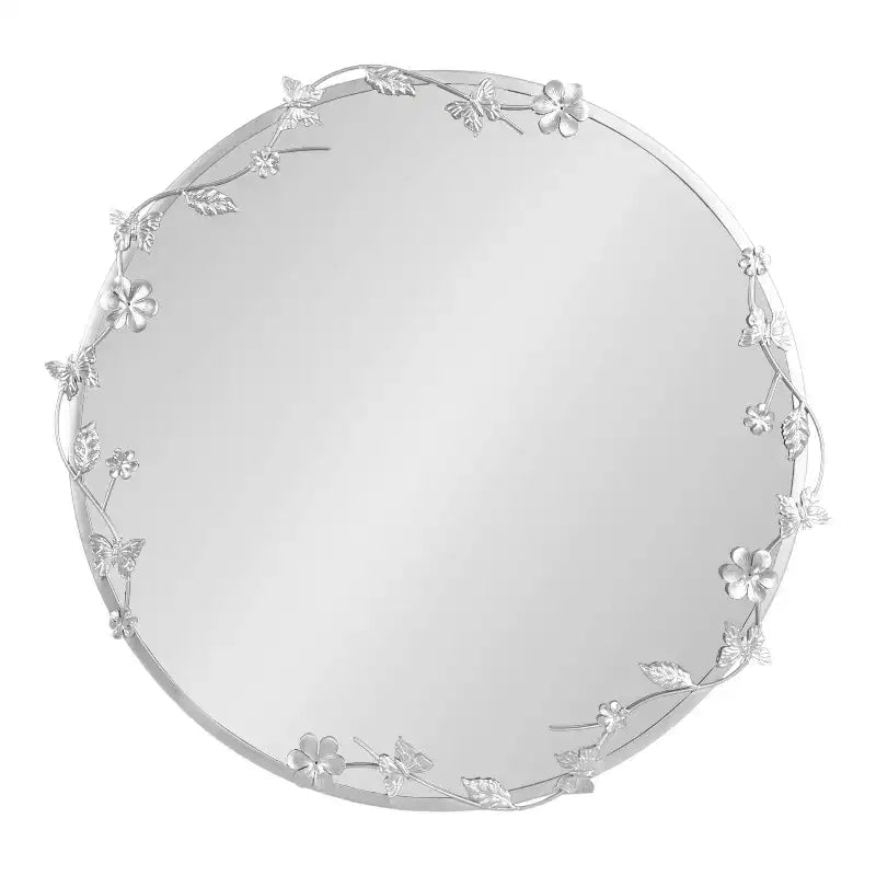 Specchio da parete rotondo floreale, argento, cornice in metallo