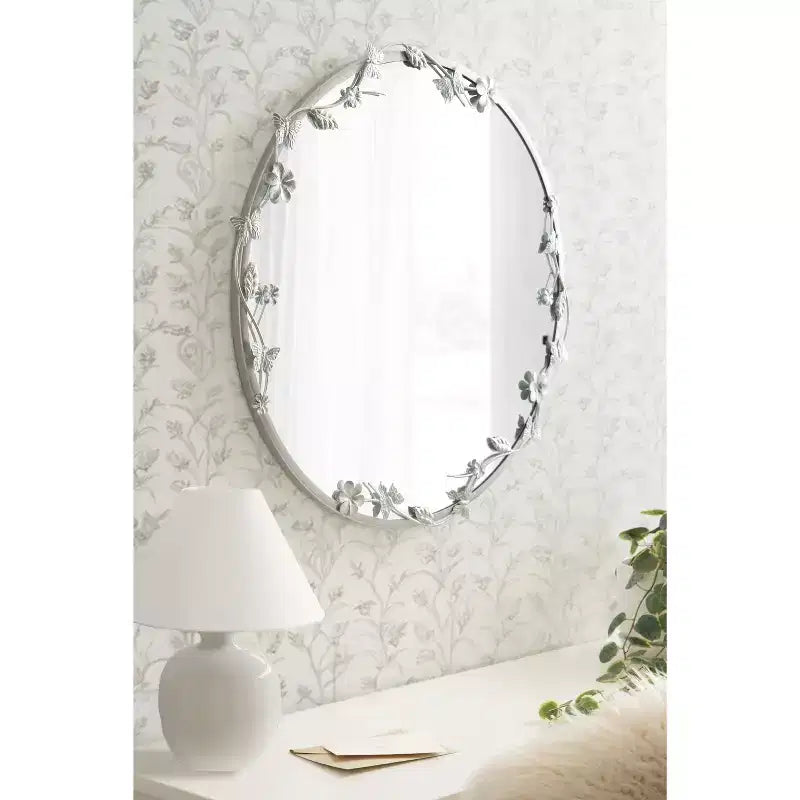Specchio da parete rotondo floreale, argento, cornice in metallo