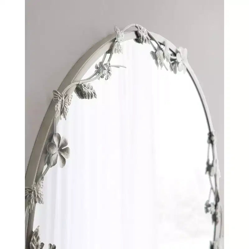 Specchio da parete rotondo floreale, argento, cornice in metallo