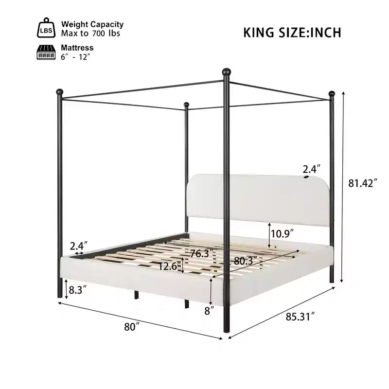 Struttura Letto a Baldacchino Moderna in Bouclé con Testiera Curva, Queen/King