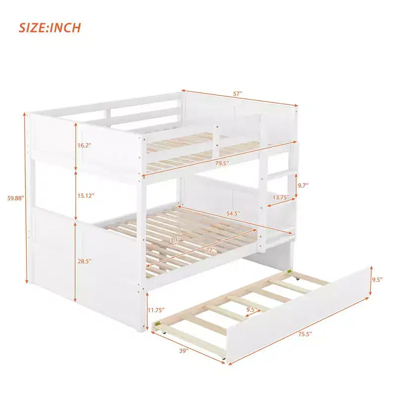 Letto a castello matrimoniale/matrimoniale con letto estraibile singolo, bianco, 3 posti letto