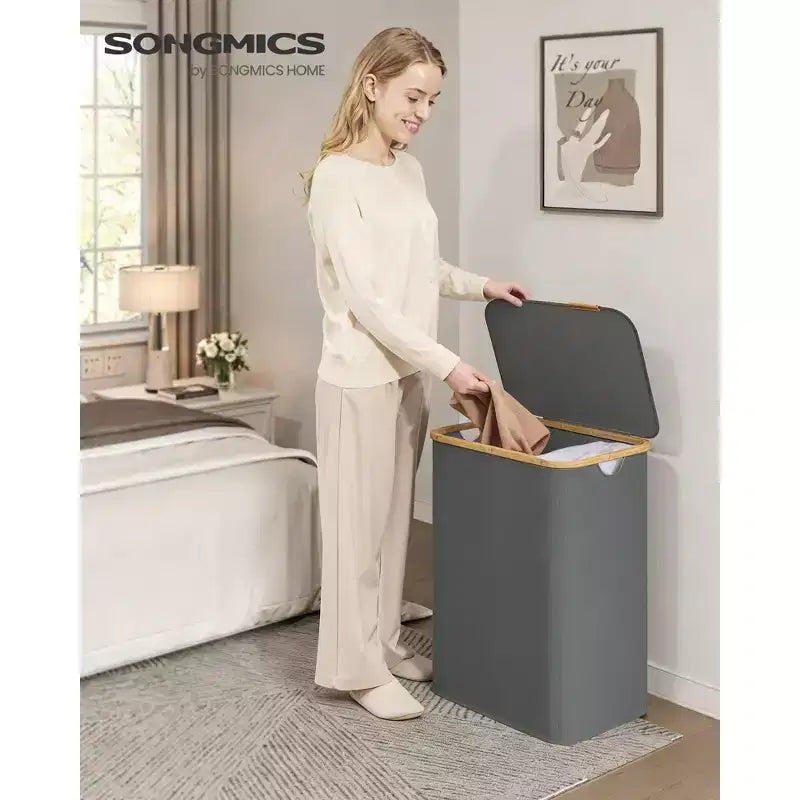 Cesto Portabiancheria Pieghevole con Coperchio, 2 Scomparti, 140 Litri, per 2 Persone