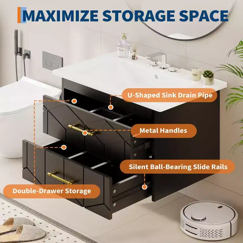 Mobile da bagno sospeso con lavabo – Nero/Grigio/Bianco, 60 o 75 cm, 1 persona