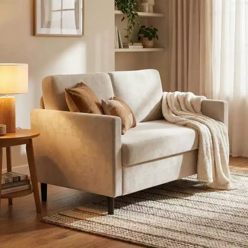 Divanetto 2 posti in finto lino, beige/grigio/grigio chiaro, struttura in legno, per piccoli spazi