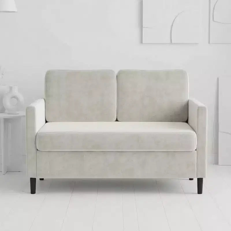 Divanetto 2 posti in finto lino, beige/grigio/grigio chiaro, struttura in legno, per piccoli spazi