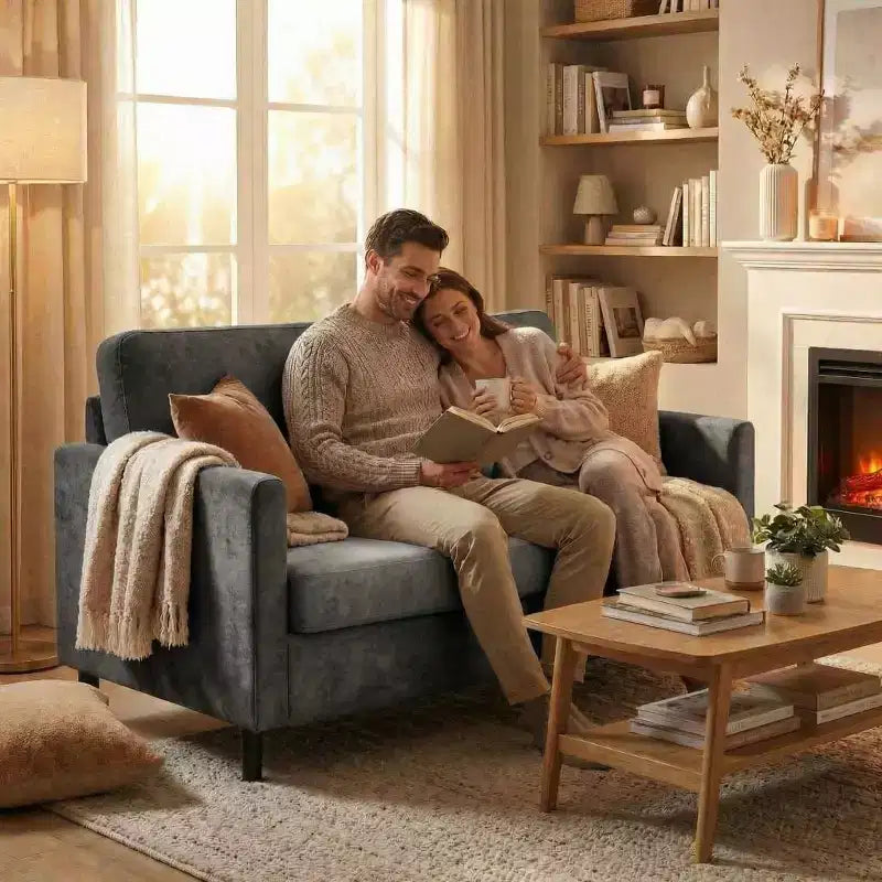 Divanetto 2 posti in finto lino, beige/grigio/grigio chiaro, struttura in legno, per piccoli spazi
