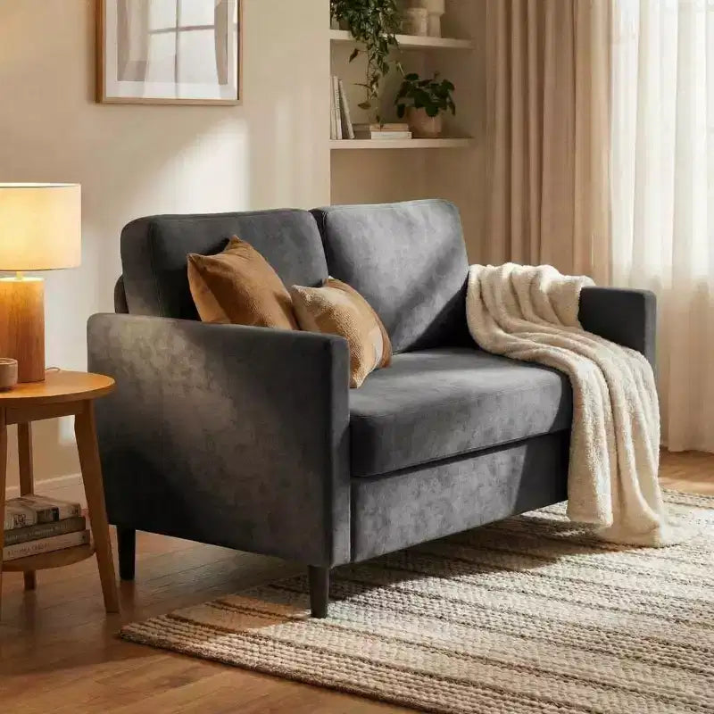 Divanetto 2 posti in finto lino, beige/grigio/grigio chiaro, struttura in legno, per piccoli spazi