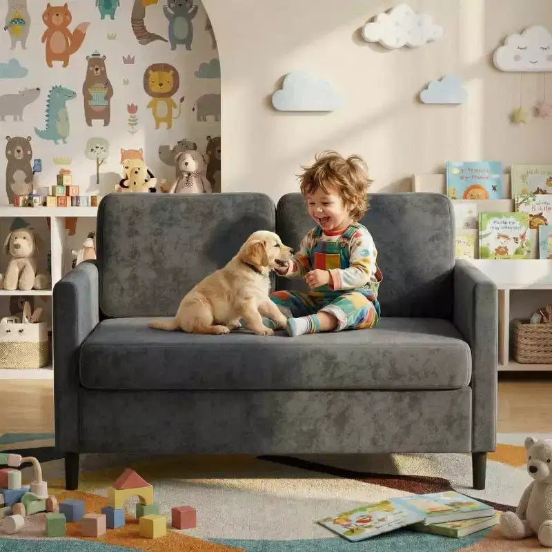 Divanetto 2 posti in finto lino, beige/grigio/grigio chiaro, struttura in legno, per piccoli spazi