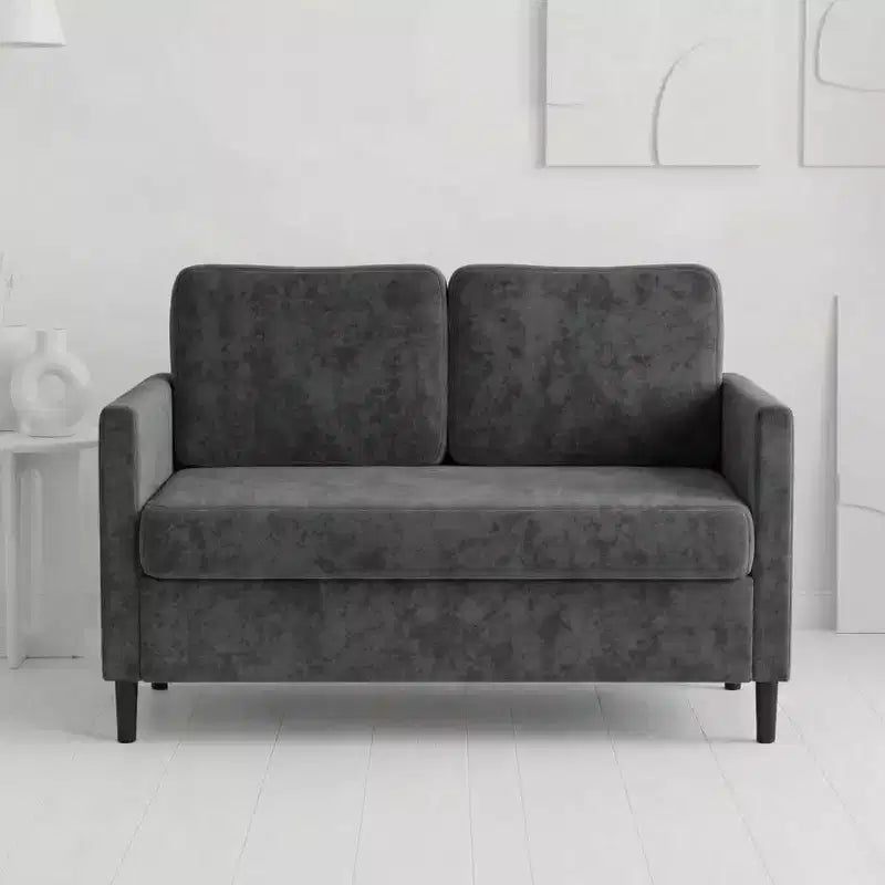 Divanetto 2 posti in finto lino, beige/grigio/grigio chiaro, struttura in legno, per piccoli spazi
