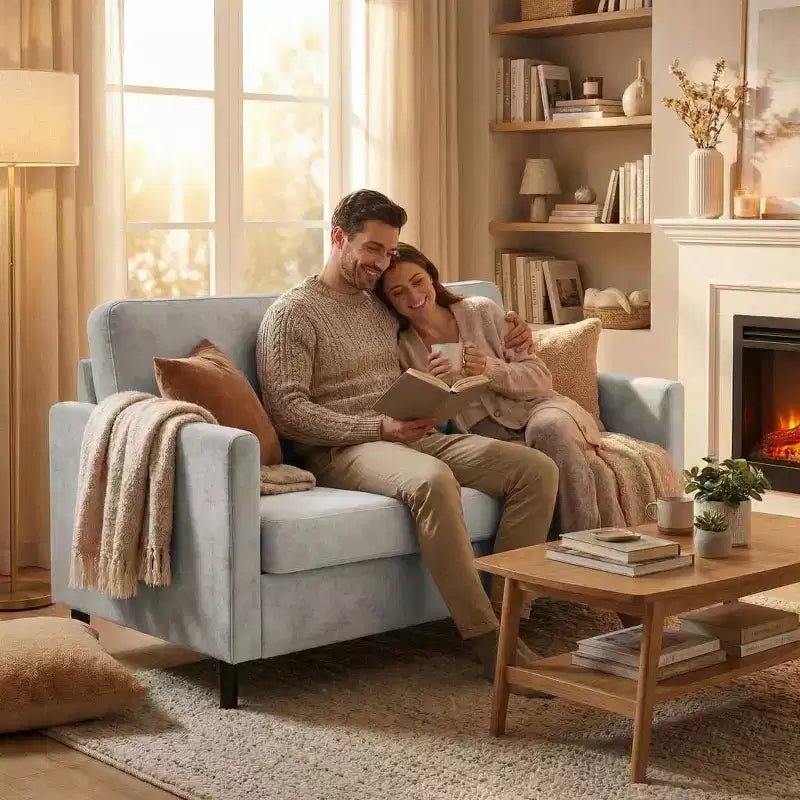Divanetto 2 posti in finto lino, beige/grigio/grigio chiaro, struttura in legno, per piccoli spazi