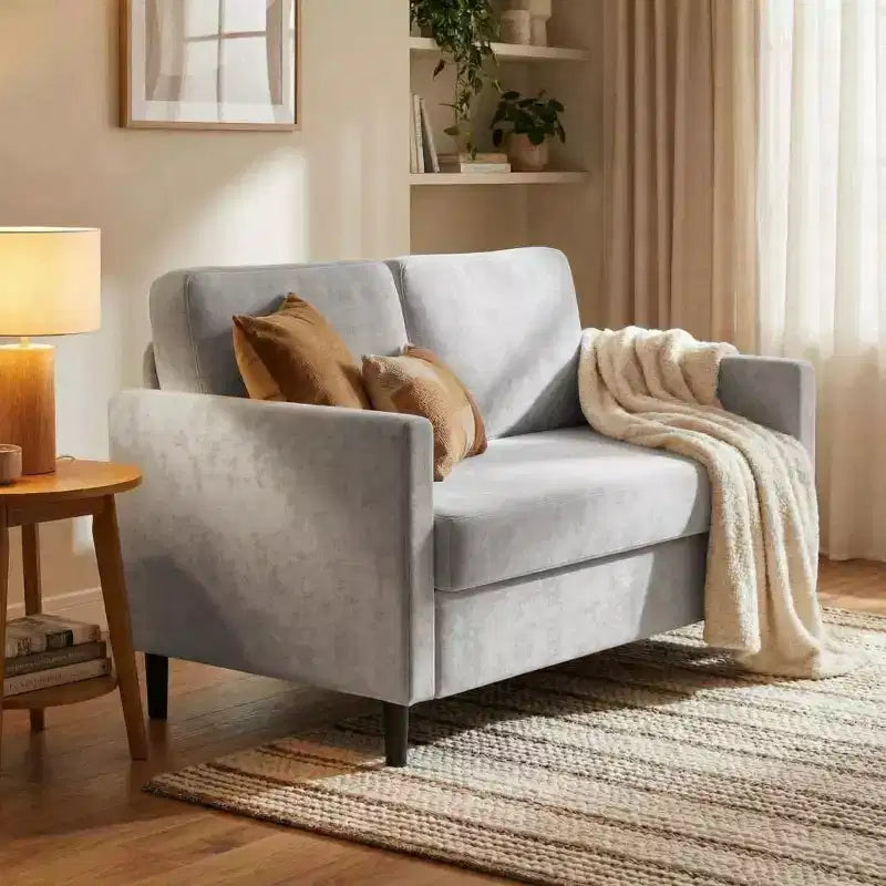 Divanetto 2 posti in finto lino, beige/grigio/grigio chiaro, struttura in legno, per piccoli spazi