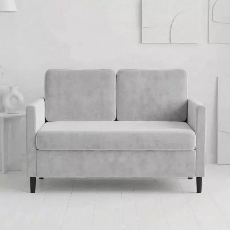 Divanetto 2 posti in finto lino, beige/grigio/grigio chiaro, struttura in legno, per piccoli spazi