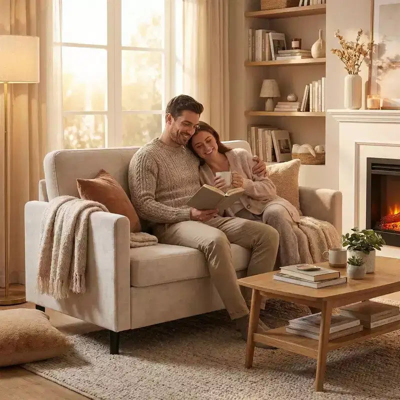 Divanetto 2 posti in finto lino, beige/grigio/grigio chiaro, struttura in legno, per piccoli spazi