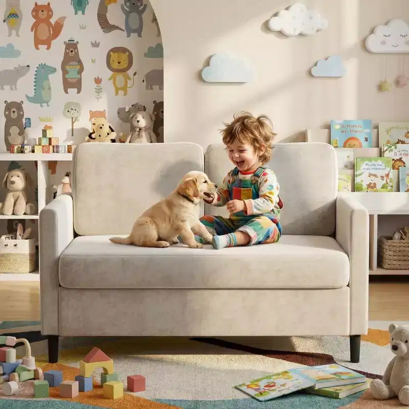 Divanetto 2 posti in finto lino, beige/grigio/grigio chiaro, struttura in legno, per piccoli spazi