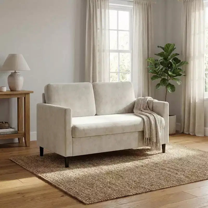 Divanetto 2 posti in finto lino, beige/grigio/grigio chiaro, struttura in legno, per piccoli spazi