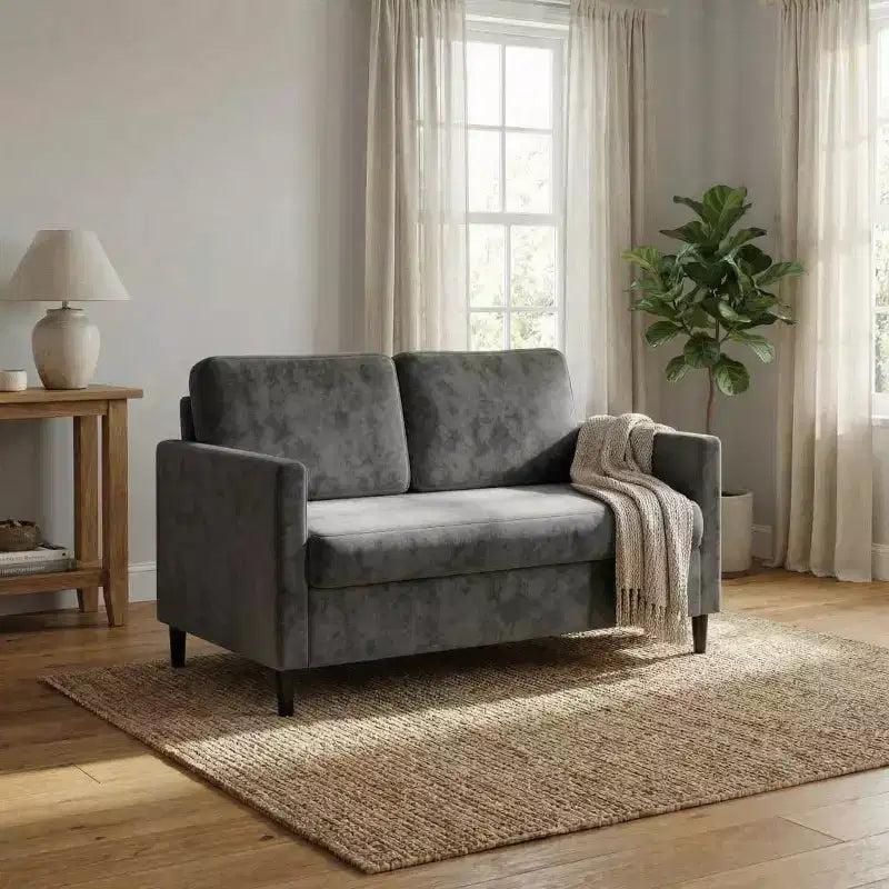 Divanetto 2 posti in finto lino, beige/grigio/grigio chiaro, struttura in legno, per piccoli spazi