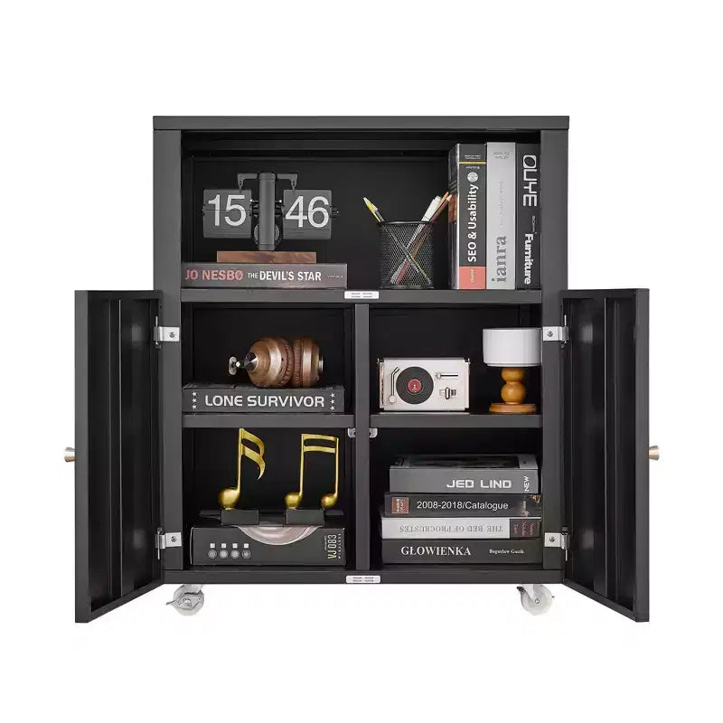 Armadietto contenitore in metallo laminato bianco/nero con 2 ante, 2 ripiani – Capacità 45 kg
