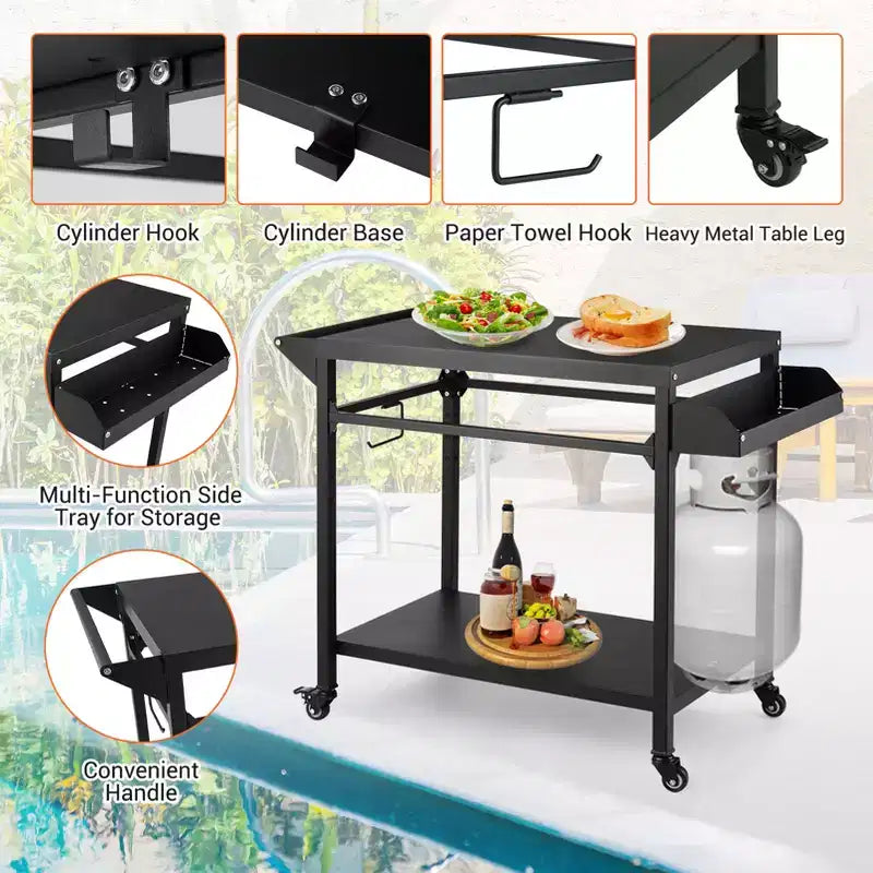 Carrello Nero per Barbecue da Esterno con Ruote Bloccabili, Uso Singolo