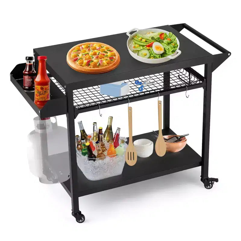 Carrello Nero per Barbecue da Esterno con Ruote Bloccabili, Uso Singolo