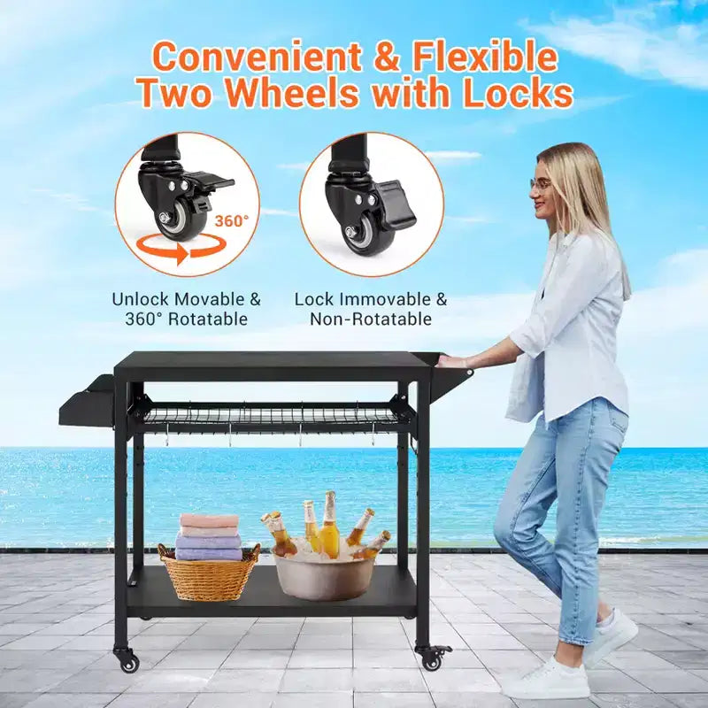Carrello Nero per Barbecue da Esterno con Ruote Bloccabili, Uso Singolo