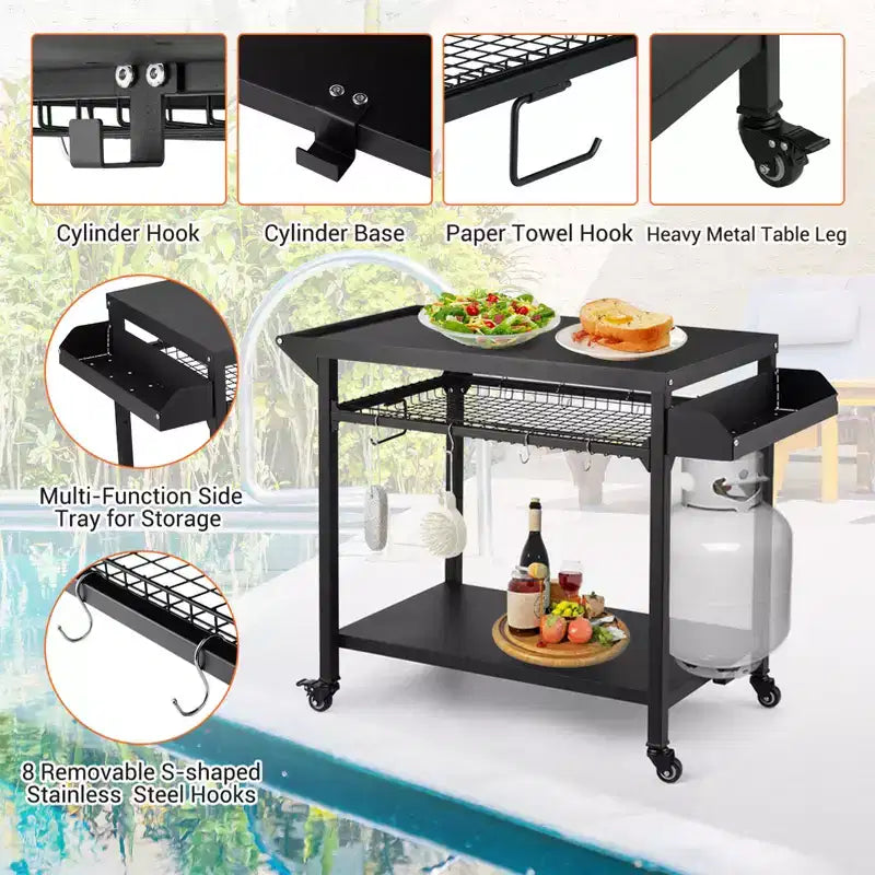 Carrello Nero per Barbecue da Esterno con Ruote Bloccabili, Uso Singolo
