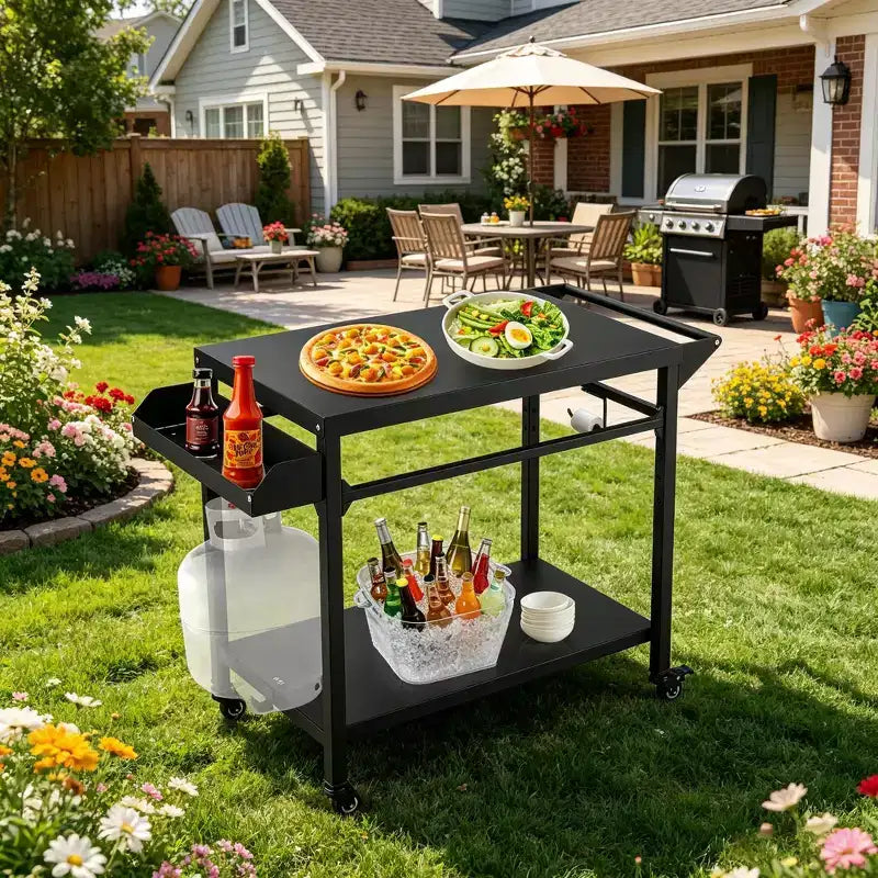 Carrello Nero per Barbecue da Esterno con Ruote Bloccabili, Uso Singolo
