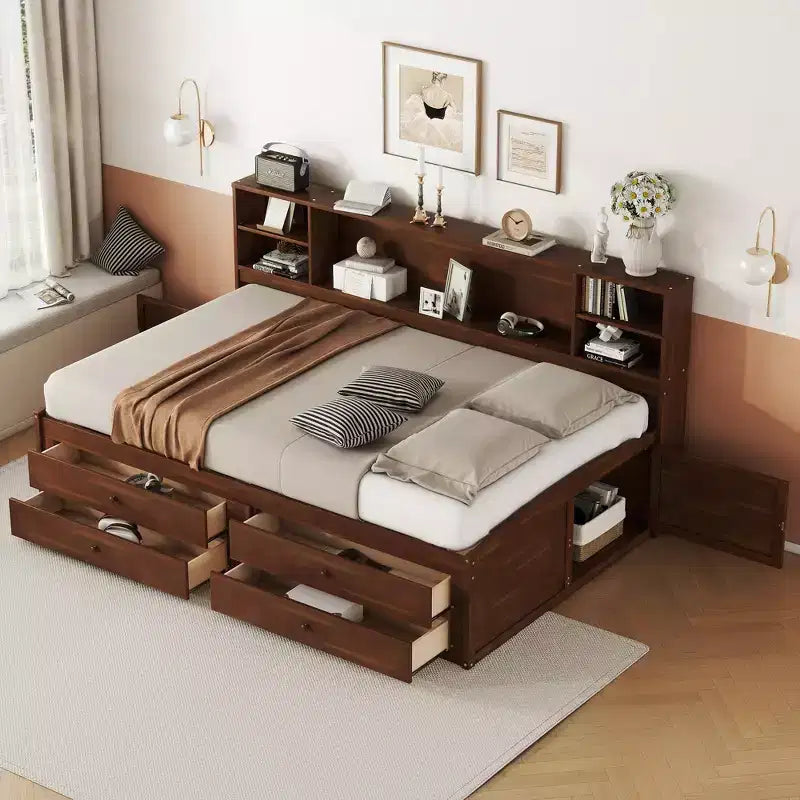 Letto a barca in legno matrimoniale con cassetti e armadietti contenitori